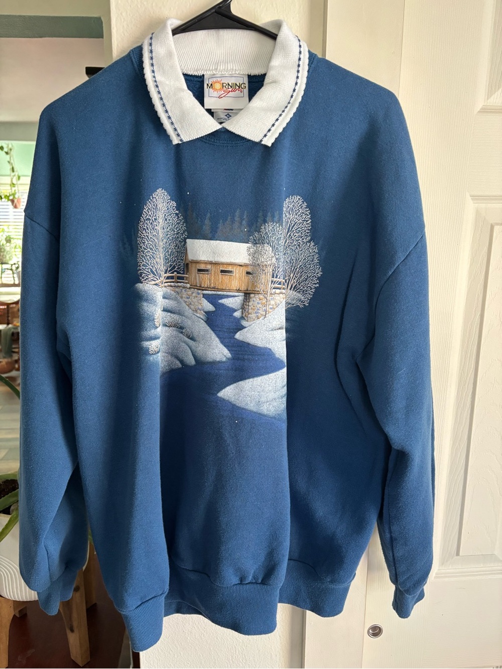 Blue Women’s Pullover Sweater with Snowy Covered Bridge